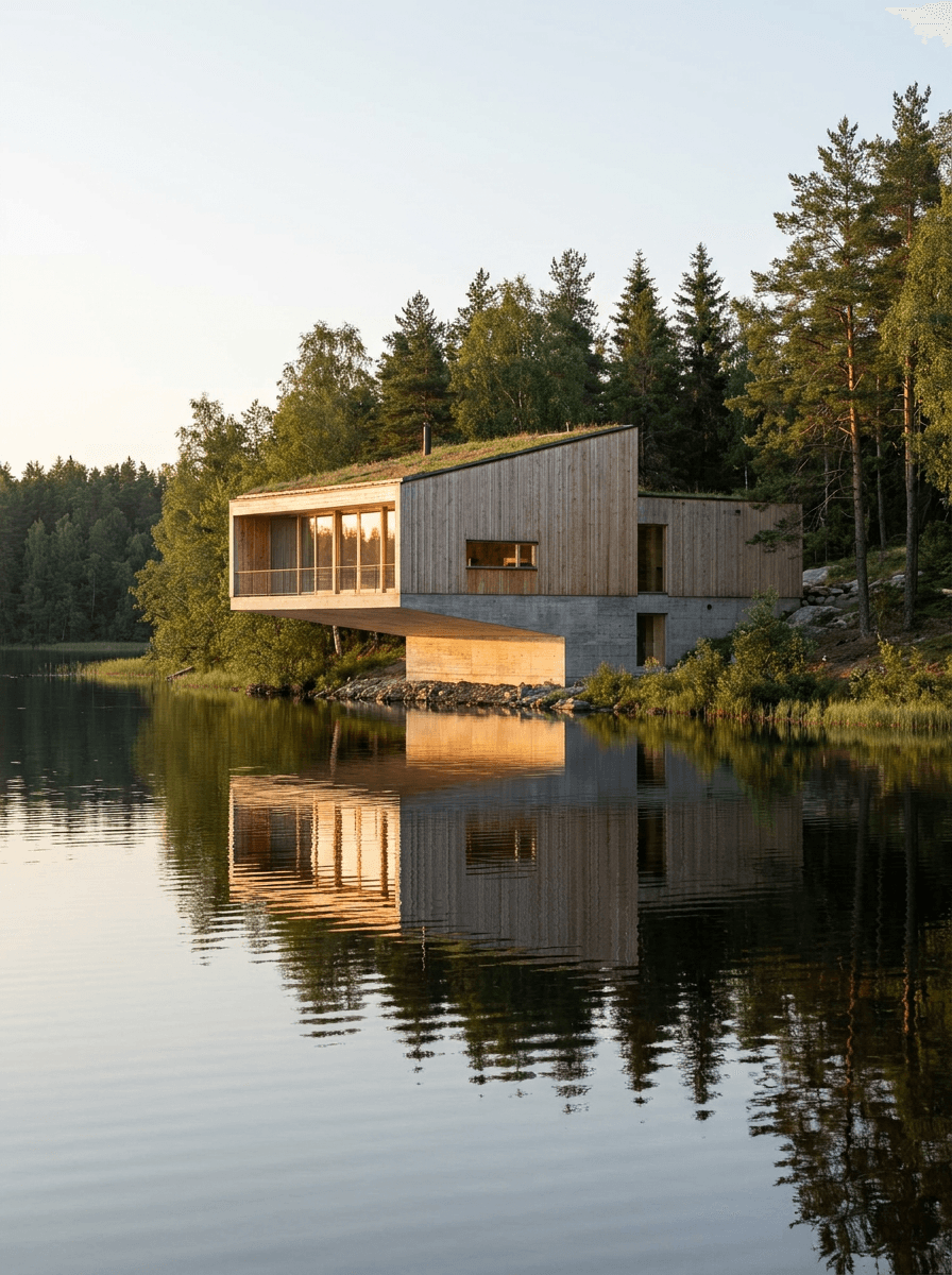 A minimalist sustainable house cantilevered over calm water at golden hour.