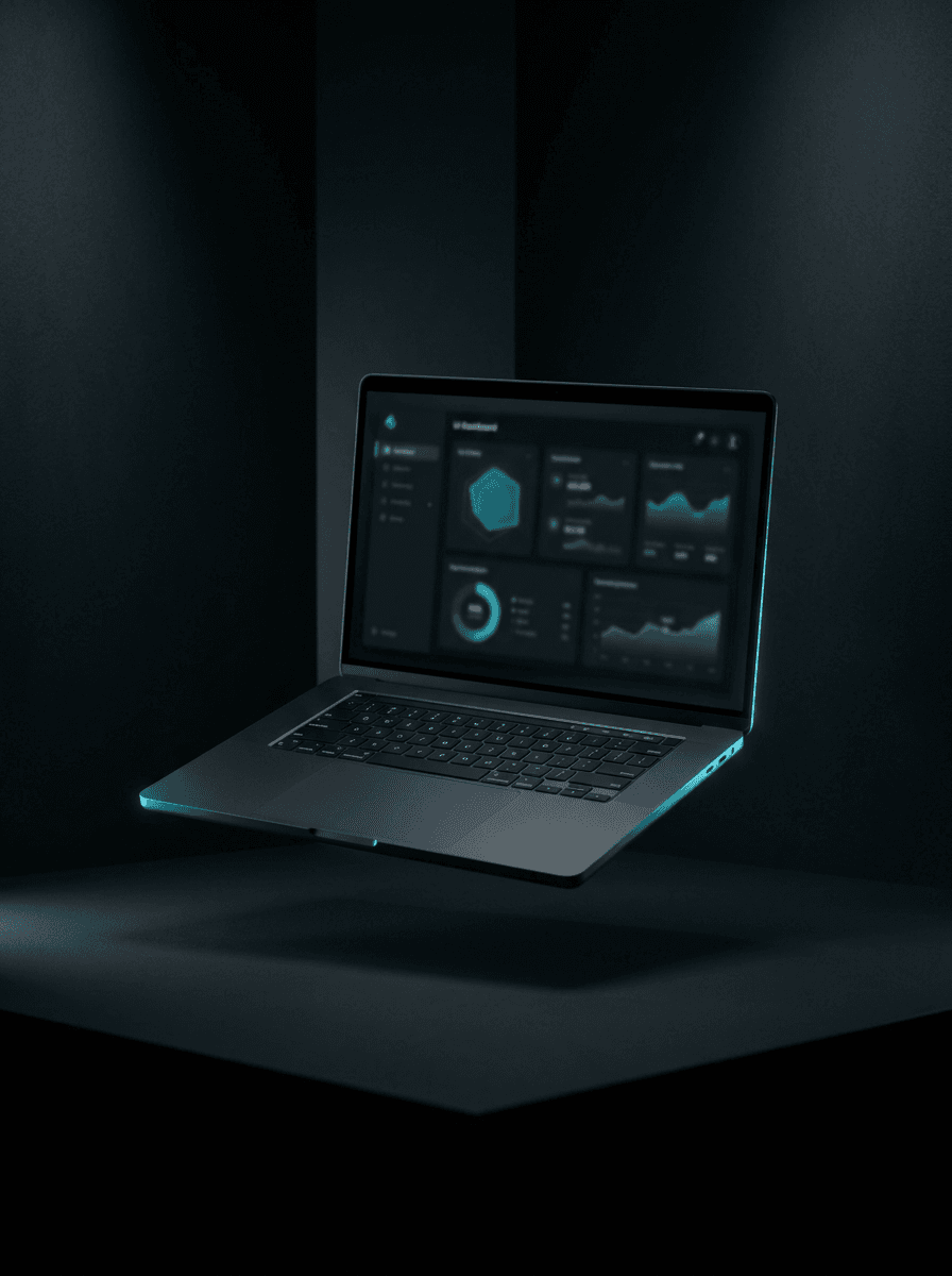 A dark SaaS product dashboard glowing on a laptop screen in a moody studio setting.
