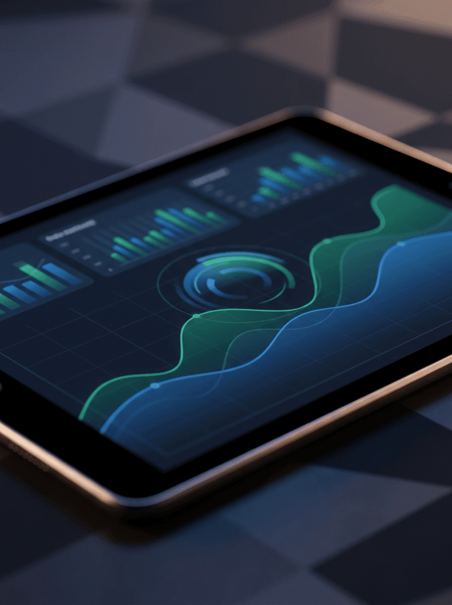 An abstract fintech dashboard interface in deep navy and emerald tones.