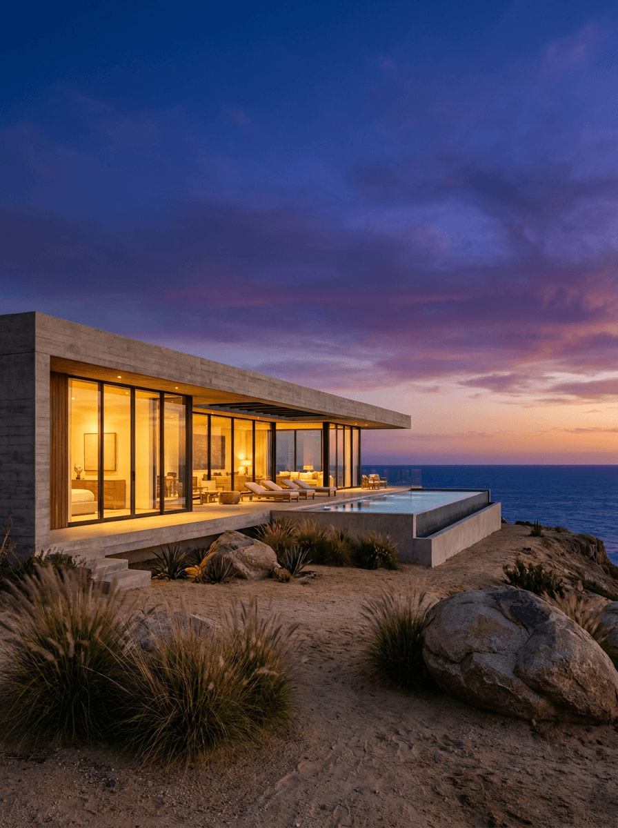 A modern luxury villa exterior glowing at dusk.