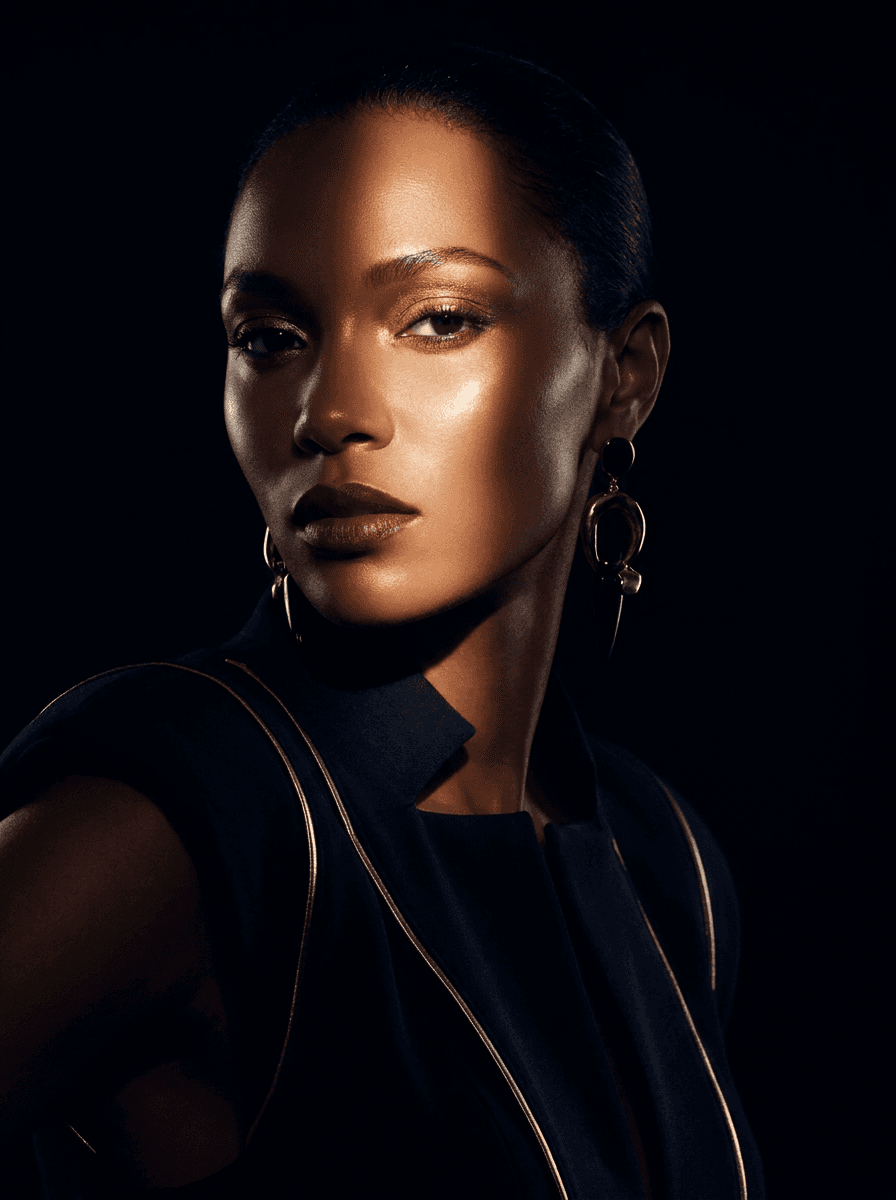 A dramatic high-contrast beauty campaign photograph in gold and black.